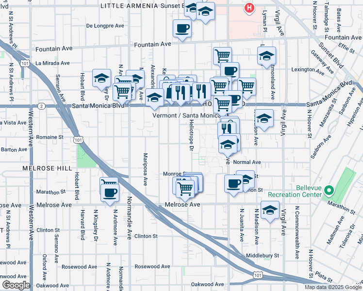 map of restaurants, bars, coffee shops, grocery stores, and more near in Los Angeles