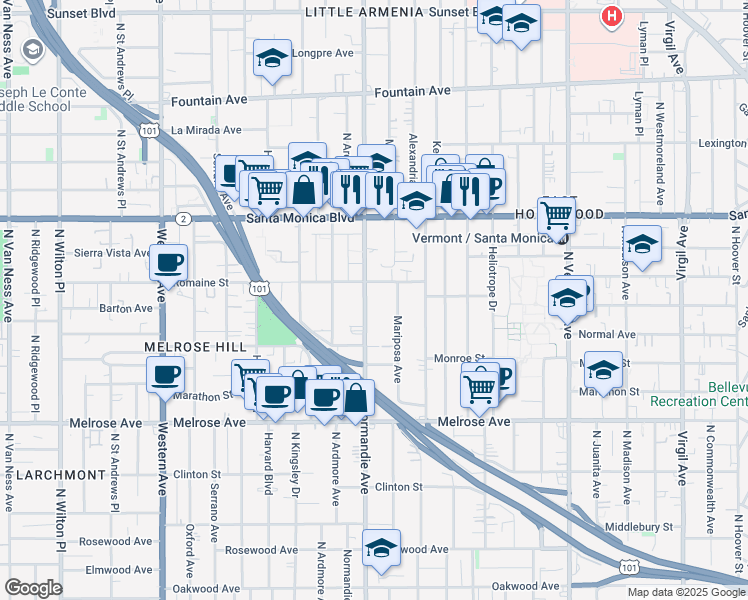 map of restaurants, bars, coffee shops, grocery stores, and more near 937 North Normandie Avenue in Los Angeles