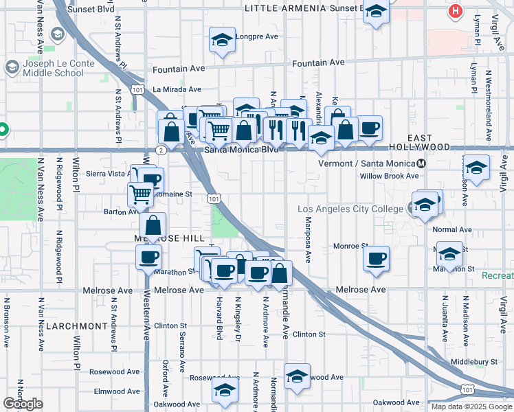 map of restaurants, bars, coffee shops, grocery stores, and more near 947 1/2 North Ardmore Avenue in Los Angeles