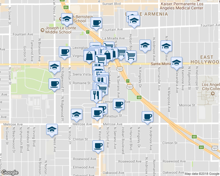 map of restaurants, bars, coffee shops, grocery stores, and more near 943 North Oxford Avenue in Los Angeles