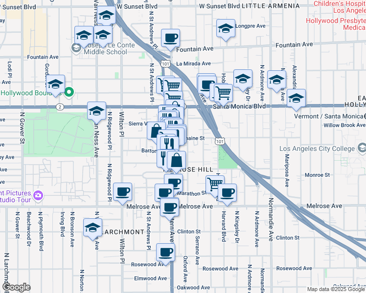 map of restaurants, bars, coffee shops, grocery stores, and more near 943 North Oxford Avenue in Los Angeles
