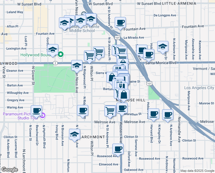 map of restaurants, bars, coffee shops, grocery stores, and more near 5446 Barton Avenue in Los Angeles