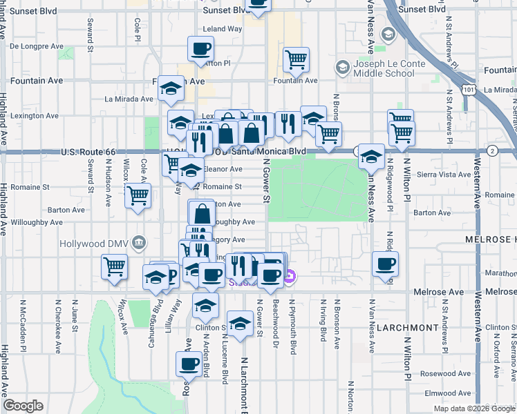 map of restaurants, bars, coffee shops, grocery stores, and more near 5819 Willoughby Avenue in Los Angeles