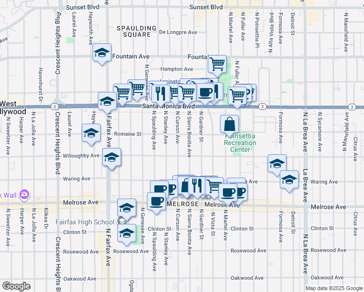 map of restaurants, bars, coffee shops, grocery stores, and more near 909 North Sierra Bonita Avenue in West Hollywood