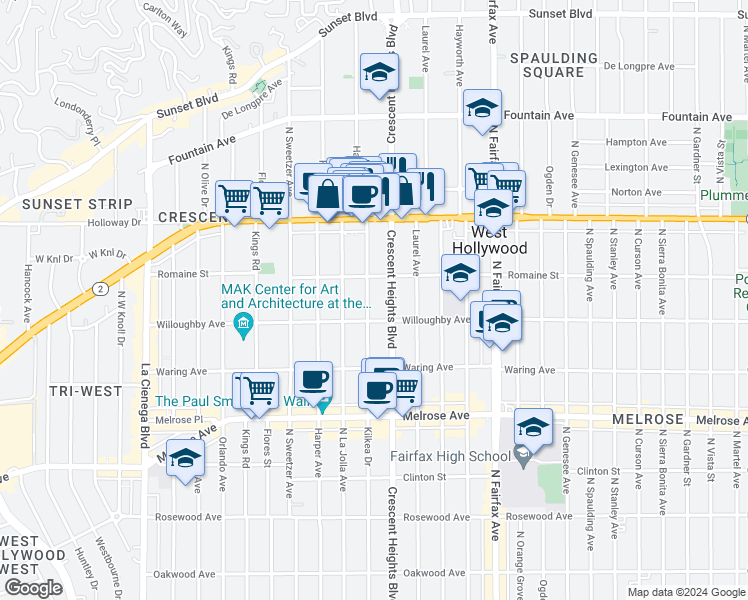 map of restaurants, bars, coffee shops, grocery stores, and more near 914 Havenhurst Drive in West Hollywood