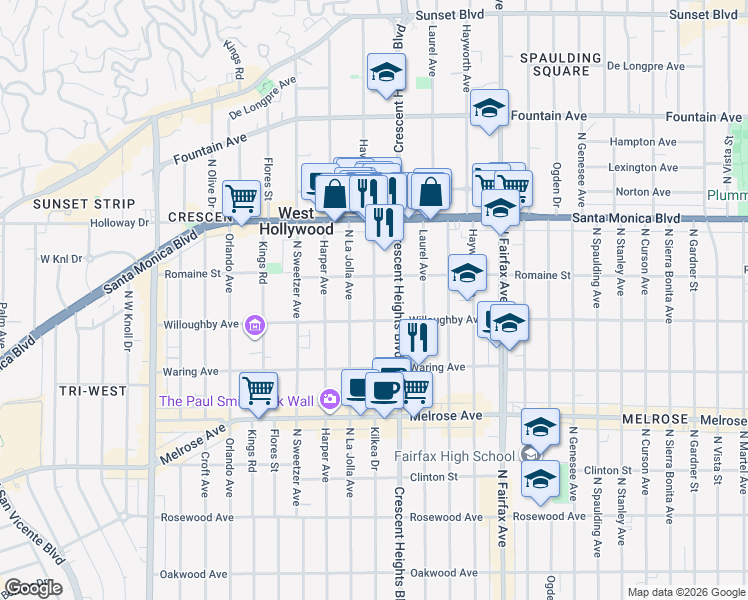 map of restaurants, bars, coffee shops, grocery stores, and more near 914 Havenhurst Drive in West Hollywood