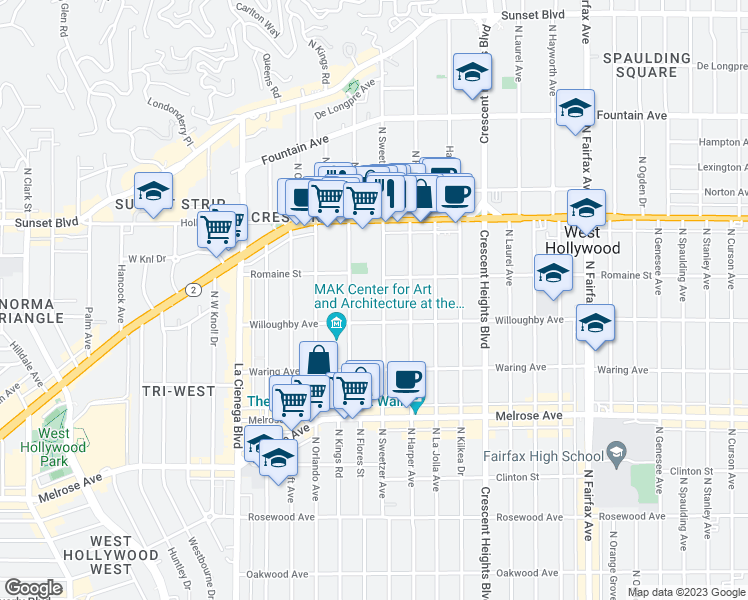 map of restaurants, bars, coffee shops, grocery stores, and more near 912 North Kings Road in West Hollywood