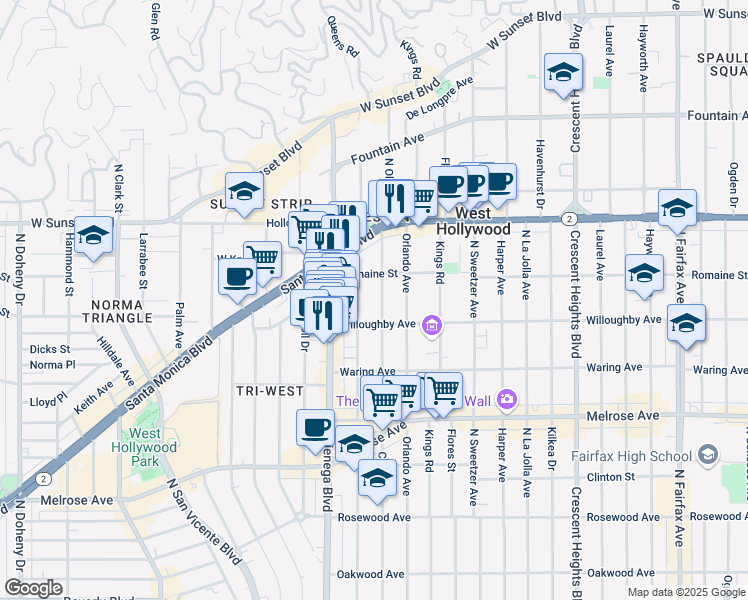 map of restaurants, bars, coffee shops, grocery stores, and more near 912 North Croft Avenue in Los Angeles