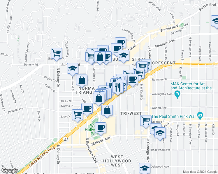 map of restaurants, bars, coffee shops, grocery stores, and more near 909 Palm Avenue in West Hollywood