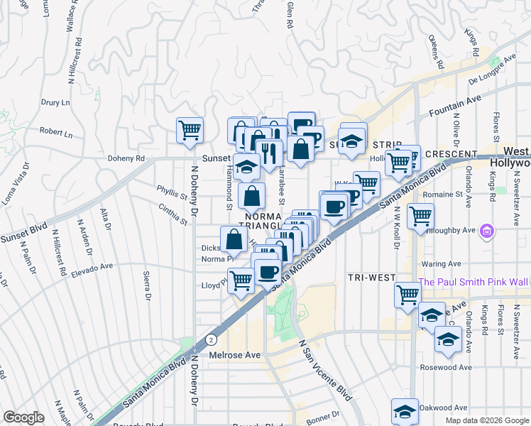 map of restaurants, bars, coffee shops, grocery stores, and more near in West Hollywood