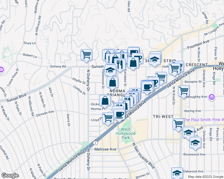 map of restaurants, bars, coffee shops, grocery stores, and more near in West Hollywood