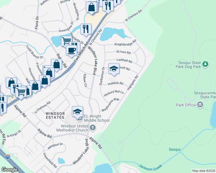 map of restaurants, bars, coffee shops, grocery stores, and more near 9712 Dunbarton Drive in Columbia