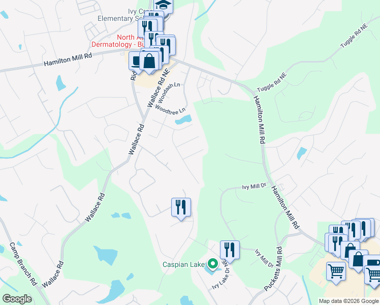 map of restaurants, bars, coffee shops, grocery stores, and more near 3035 Millpine Court Northeast in Buford