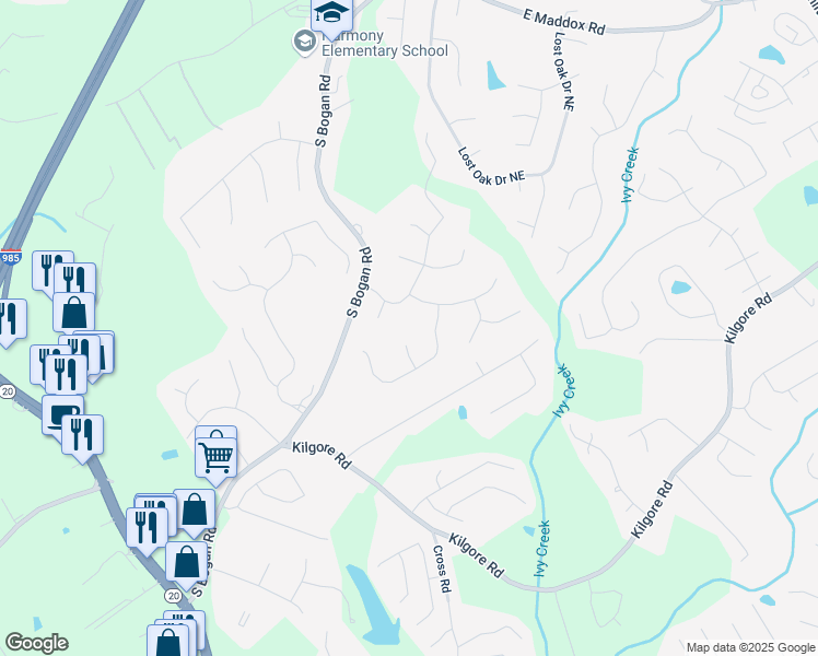 map of restaurants, bars, coffee shops, grocery stores, and more near 2262 Silver Fox Lane in Buford