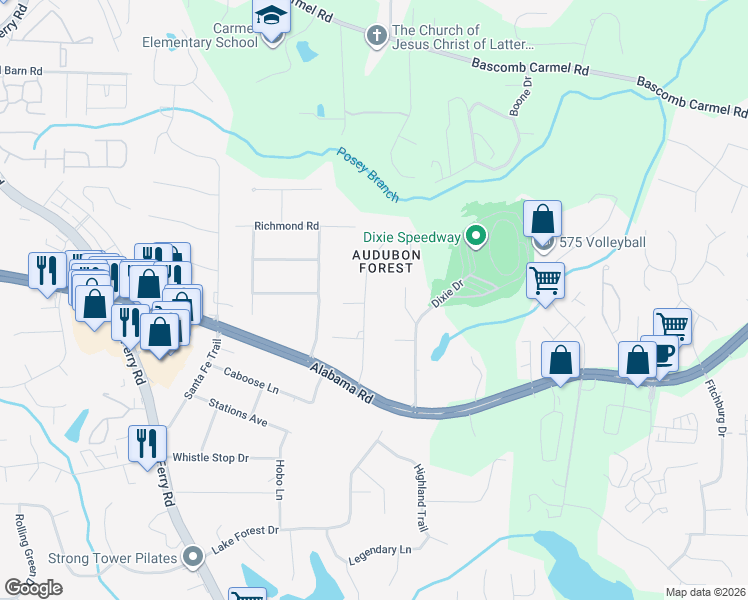 map of restaurants, bars, coffee shops, grocery stores, and more near 142 Quail Run in Woodstock