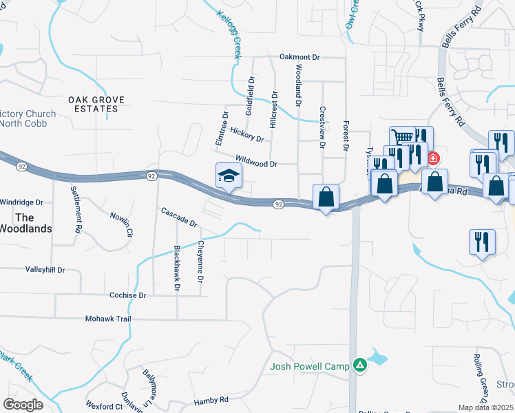 map of restaurants, bars, coffee shops, grocery stores, and more near Alabama Road in Acworth