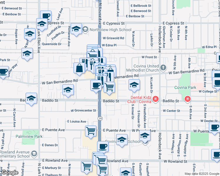map of restaurants, bars, coffee shops, grocery stores, and more near 310 North Azusa Avenue in Covina