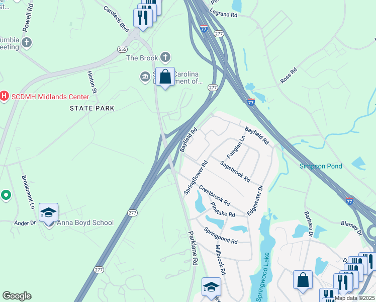 map of restaurants, bars, coffee shops, grocery stores, and more near 8100 Bayfield Road in Columbia