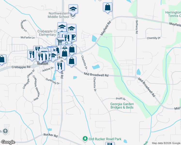 map of restaurants, bars, coffee shops, grocery stores, and more near 12500 Charlotte Drive in Alpharetta