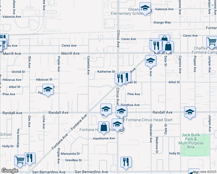 map of restaurants, bars, coffee shops, grocery stores, and more near 16037 Athol Street in Fontana