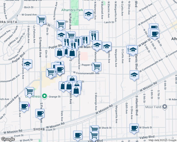 map of restaurants, bars, coffee shops, grocery stores, and more near 1801 West Commonwealth Avenue in Alhambra