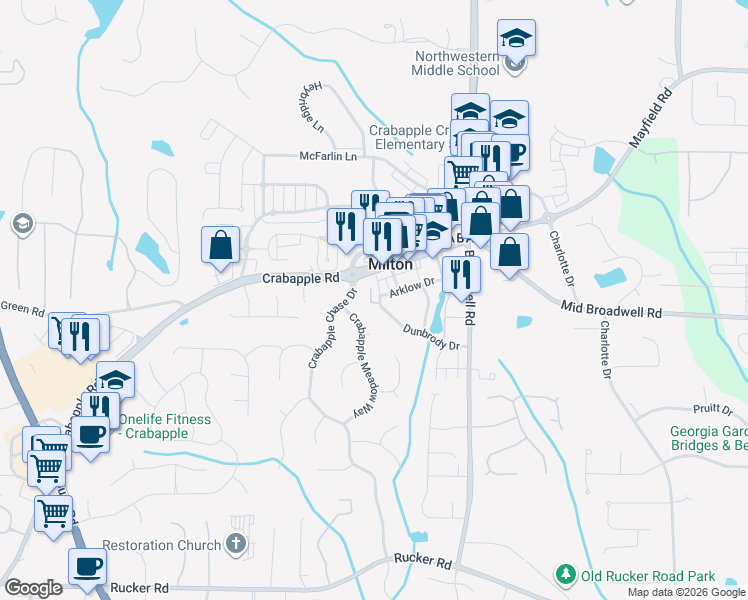 map of restaurants, bars, coffee shops, grocery stores, and more near 709 Dunbrody Drive in Milton