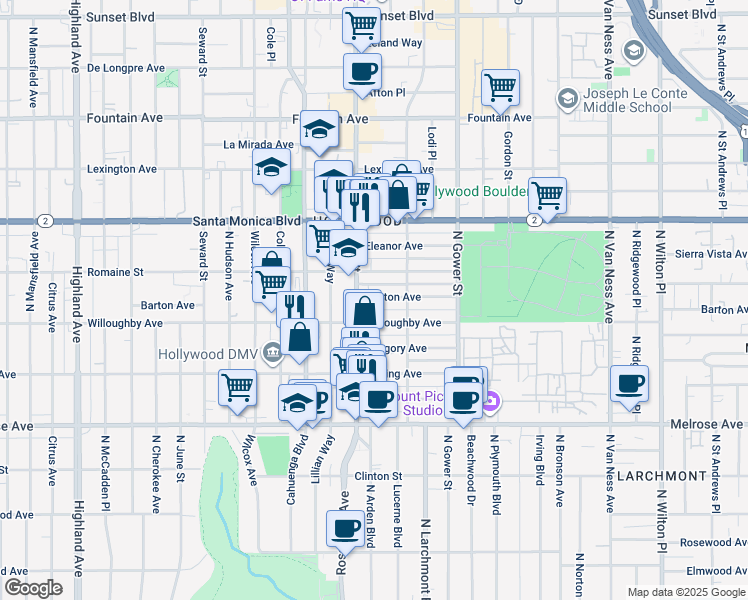 map of restaurants, bars, coffee shops, grocery stores, and more near 6040 Barton Avenue in Los Angeles