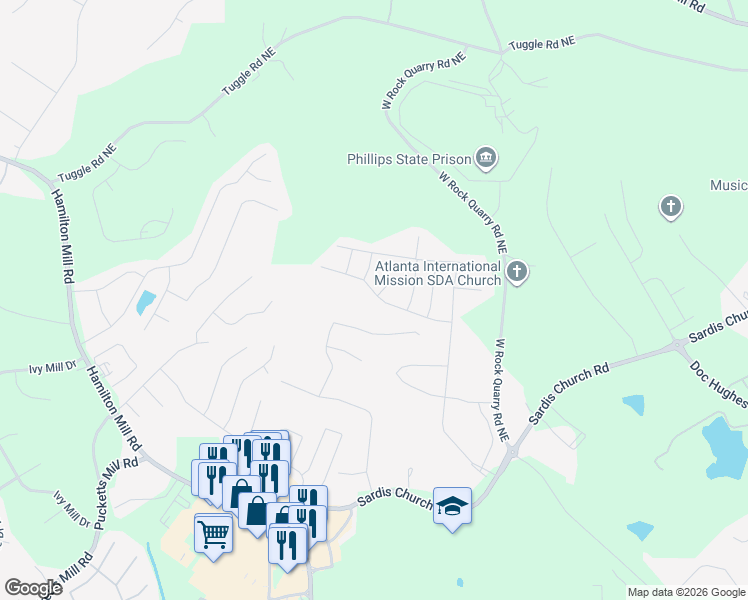 map of restaurants, bars, coffee shops, grocery stores, and more near 2676 Sori Drive in Buford