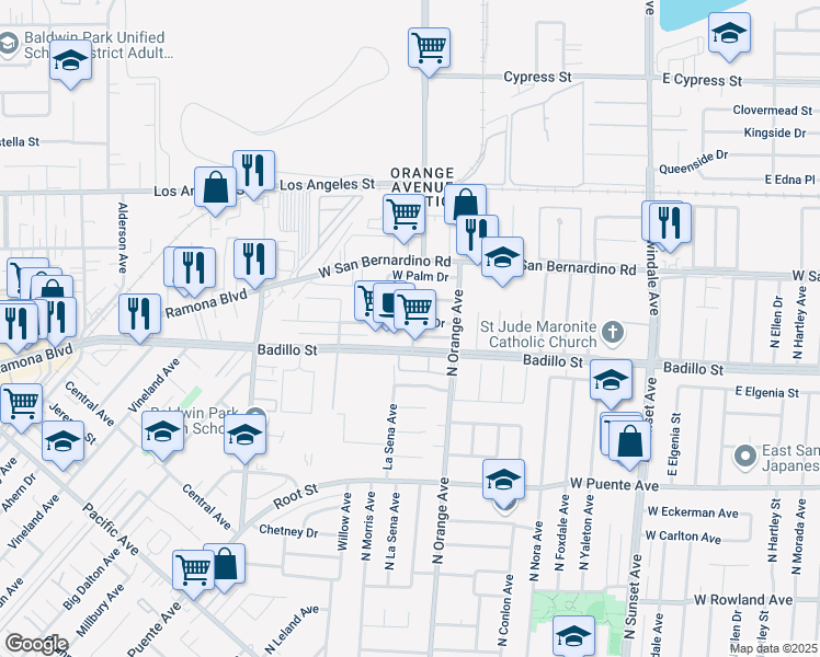 map of restaurants, bars, coffee shops, grocery stores, and more near 1839 David Court in West Covina