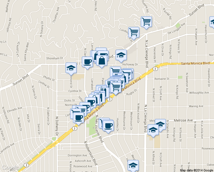 map of restaurants, bars, coffee shops, grocery stores, and more near 909 Palm Avenue in West Hollywood