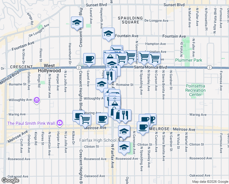 map of restaurants, bars, coffee shops, grocery stores, and more near 920 North Fairfax Avenue in West Hollywood