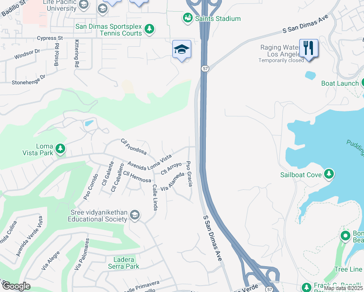map of restaurants, bars, coffee shops, grocery stores, and more near 813 Avenida Loma Vista in San Dimas