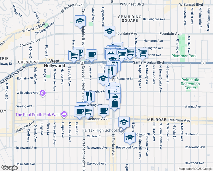 map of restaurants, bars, coffee shops, grocery stores, and more near 924 North Hayworth Avenue in West Hollywood