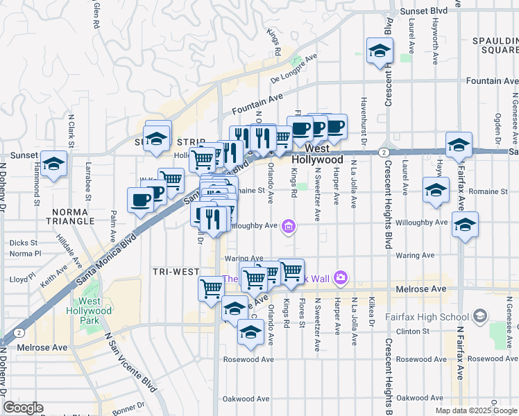 map of restaurants, bars, coffee shops, grocery stores, and more near 928 Croft Avenue in West Hollywood