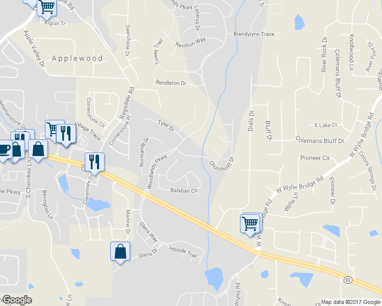map of restaurants, bars, coffee shops, grocery stores, and more near 111 Churchcliff Drive in Woodstock