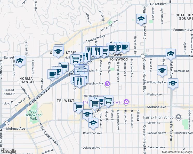 map of restaurants, bars, coffee shops, grocery stores, and more near 928 Croft Avenue in West Hollywood