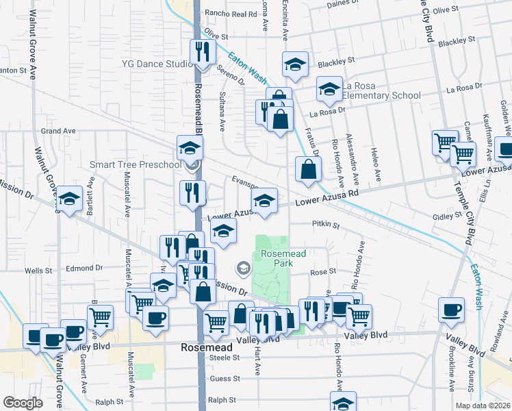 map of restaurants, bars, coffee shops, grocery stores, and more near 9109 Lower Azusa Road in Rosemead