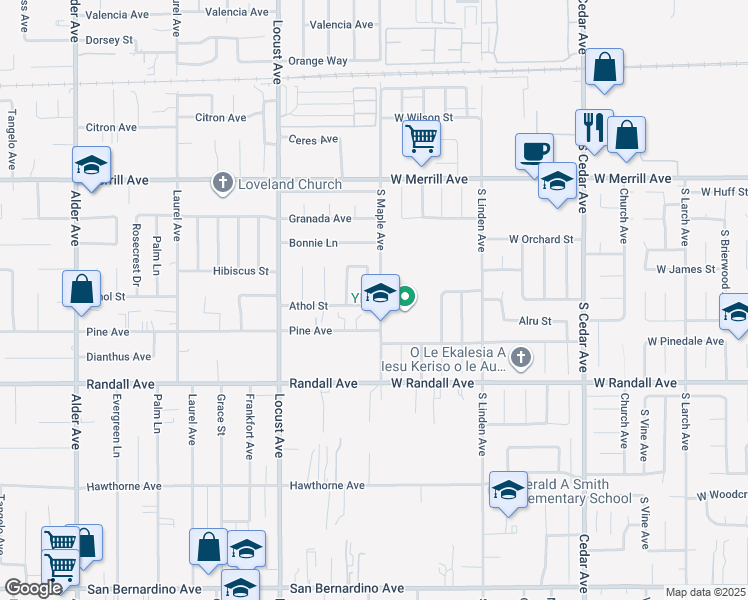 map of restaurants, bars, coffee shops, grocery stores, and more near 751 South Maple Avenue in Fontana