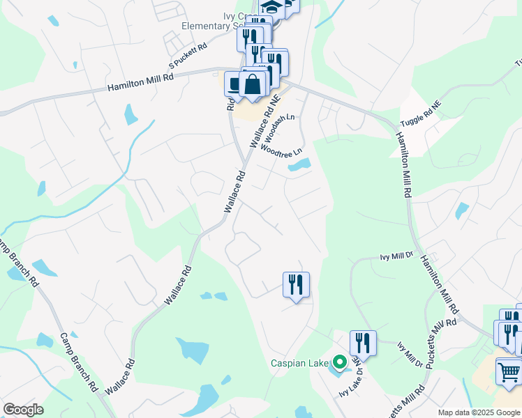 map of restaurants, bars, coffee shops, grocery stores, and more near 3202 Bentley Chase Lane Northeast in Buford