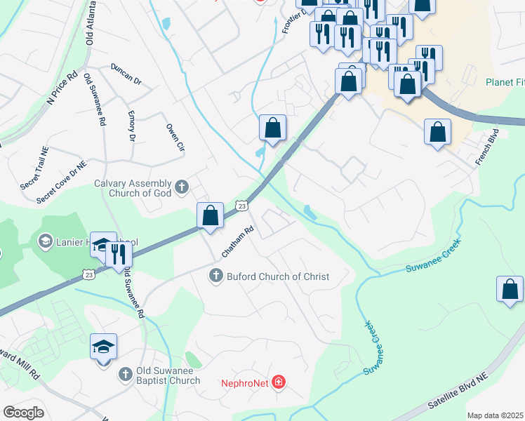 map of restaurants, bars, coffee shops, grocery stores, and more near 4255 Buford Valley Way in Buford