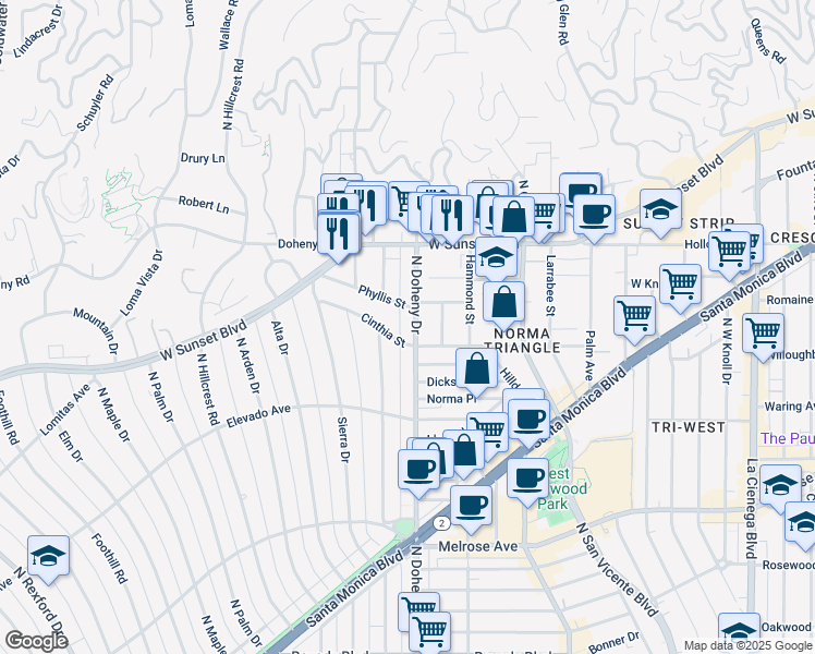 map of restaurants, bars, coffee shops, grocery stores, and more near 807 North Doheny Drive in Beverly Hills