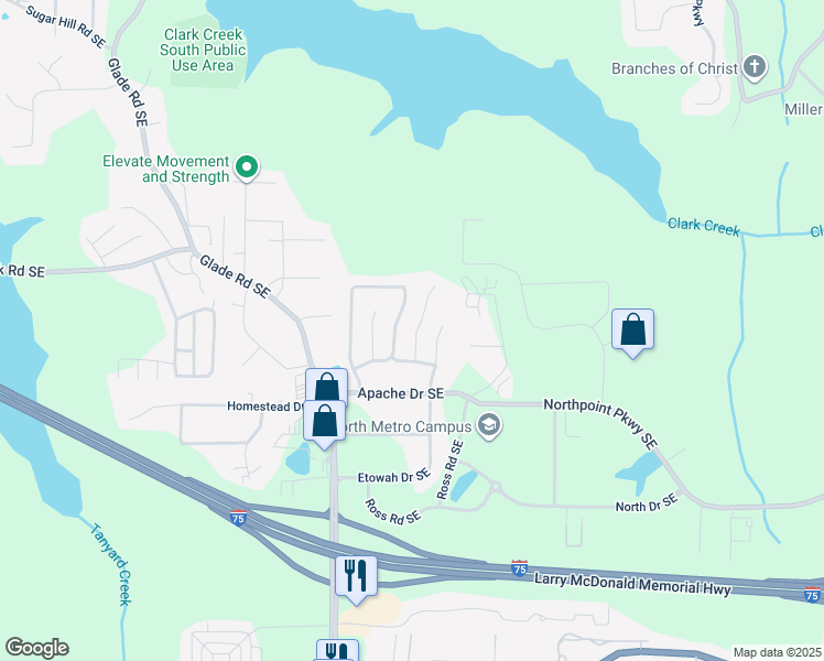 map of restaurants, bars, coffee shops, grocery stores, and more near 309 Arapaho Drive Southeast in Acworth