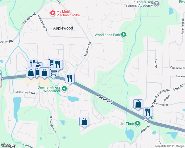 map of restaurants, bars, coffee shops, grocery stores, and more near 108 Normandy Drive in Woodstock