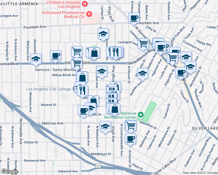 map of restaurants, bars, coffee shops, grocery stores, and more near 4315 Burns Avenue in Los Angeles