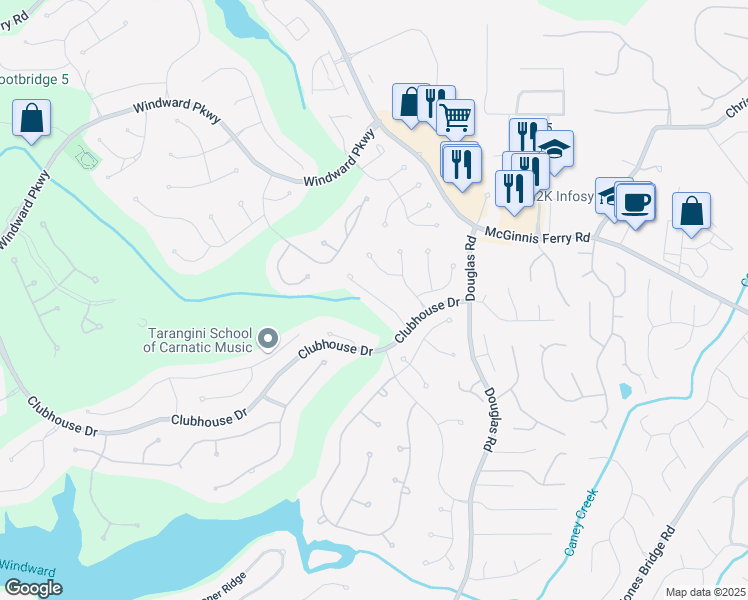 map of restaurants, bars, coffee shops, grocery stores, and more near 2850 Gleneagles Pointe in Alpharetta