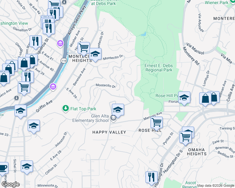 map of restaurants, bars, coffee shops, grocery stores, and more near 1201 Montecito Drive in Los Angeles