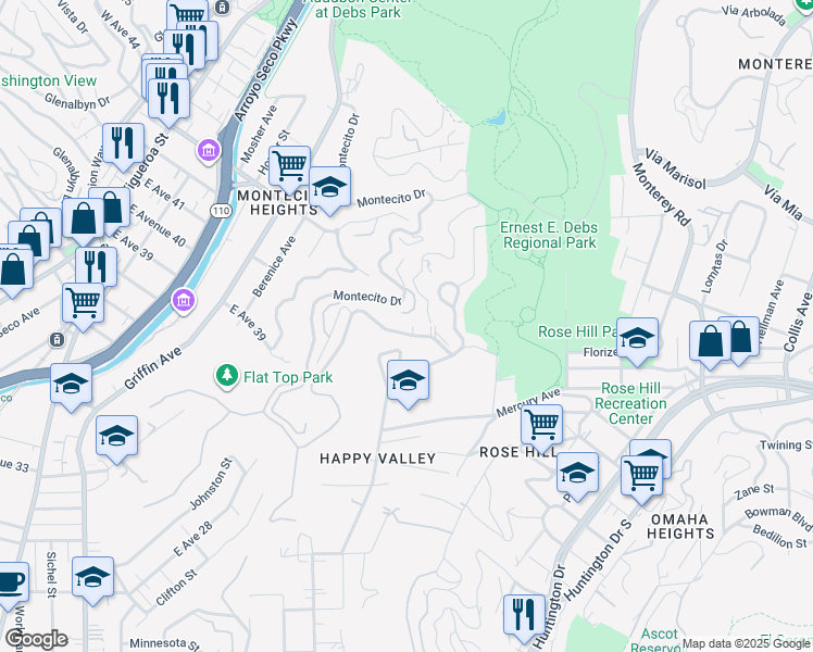 map of restaurants, bars, coffee shops, grocery stores, and more near 1201 Montecito Drive in Los Angeles