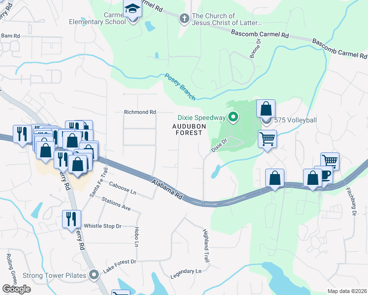 map of restaurants, bars, coffee shops, grocery stores, and more near 142 Quail Run in Woodstock