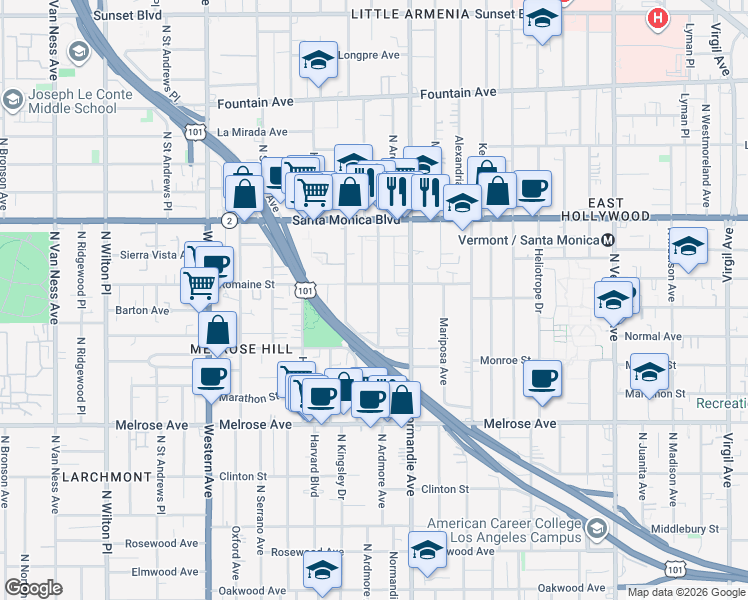 map of restaurants, bars, coffee shops, grocery stores, and more near 957 North Ardmore Avenue in Los Angeles