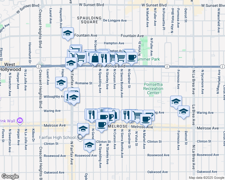 map of restaurants, bars, coffee shops, grocery stores, and more near 925 North Curson Avenue in West Hollywood